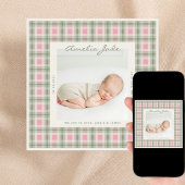 Baby plaid Sage green pink Announcement Card 案内状
