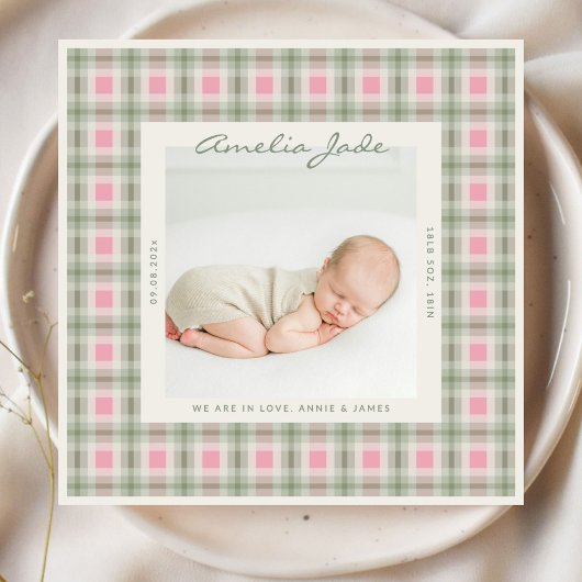 Baby plaid Sage green pink Announcement Card 案内状