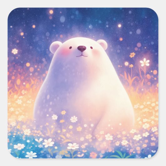 Baby Polar Bear in Meadow of Wildflowers スクエアシール (正面)