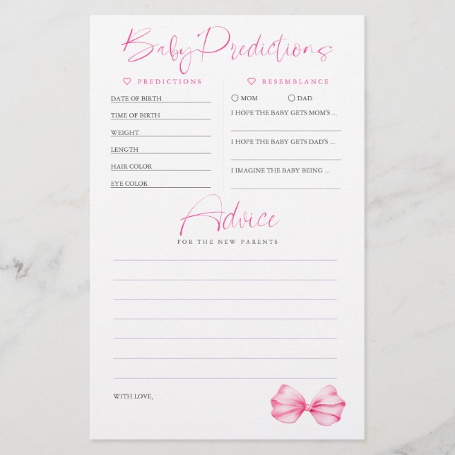 Baby Predictions Advice Pink Baby Shower Game (正面)