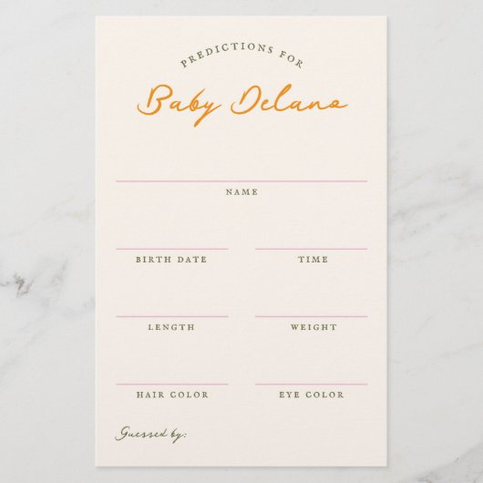 Baby Predictions Shower Guessing Game 便箋 (正面)