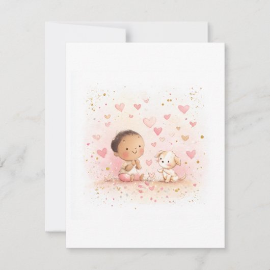 Baby & Puppy Valentine’s Postcard | Watercolor サンキューカード (正面)