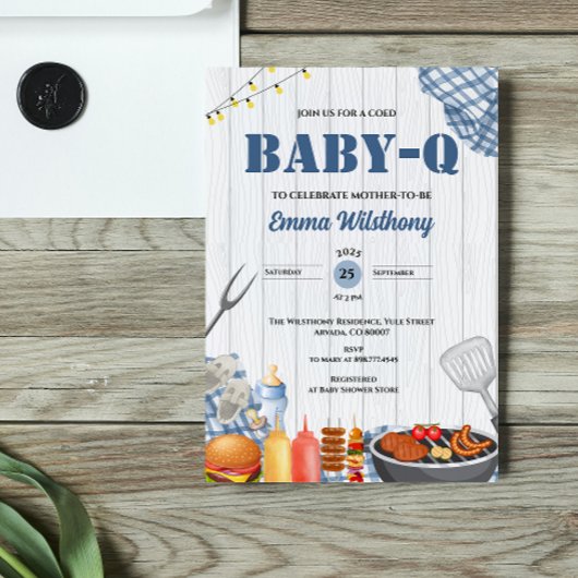 Baby-Q Baby Shower Boy Rustic BBQ Backyard Plaid  招待状