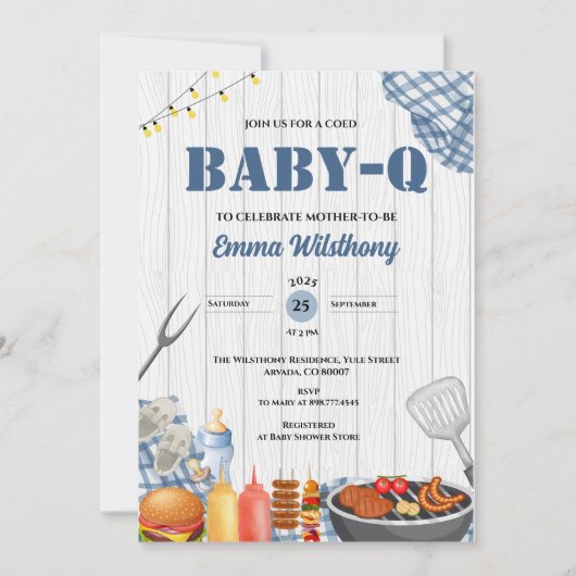 Baby-Q Baby Shower Boy Rustic BBQ Backyard Plaid  招待状 (正面)