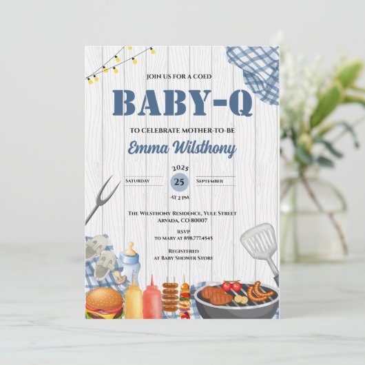 Baby-Q Baby Shower Boy Rustic BBQ Backyard Plaid  招待状 (スタンド正面)