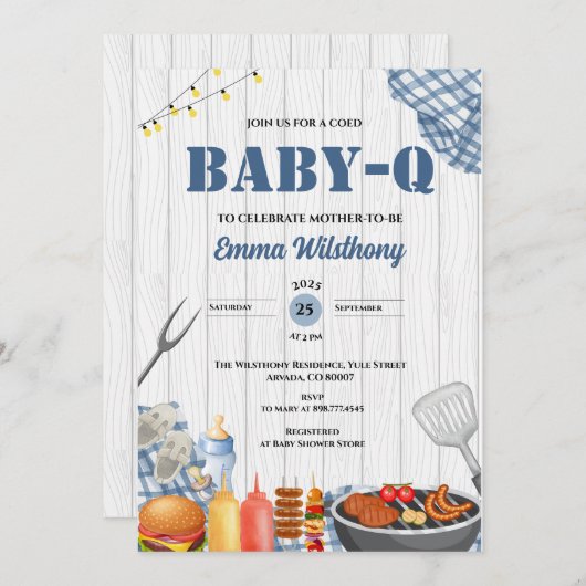 Baby-Q Baby Shower Boy Rustic BBQ Backyard Plaid  招待状 (正面/裏面)