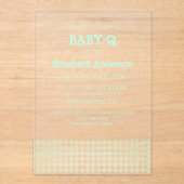 Baby-Q Mint Green Gingham Baby Shower アクリル招待状 (正面)