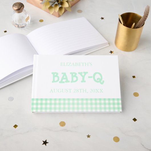 Baby-Q Mint Green Gingham Baby Shower ゲストブック (正面見開き)