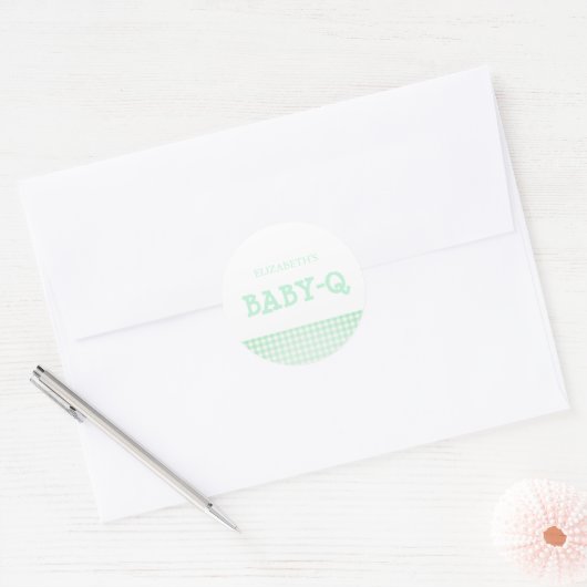 Baby-Q Mint Green Gingham Baby Shower ラウンドシール (封筒)