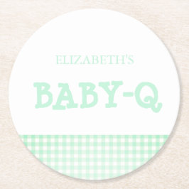 Baby-Q Mint Green Gingham Baby Shower ラウンドペーパーコースター