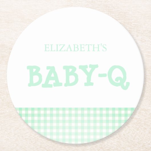 Baby-Q Mint Green Gingham Baby Shower ラウンドペーパーコースター (正面)