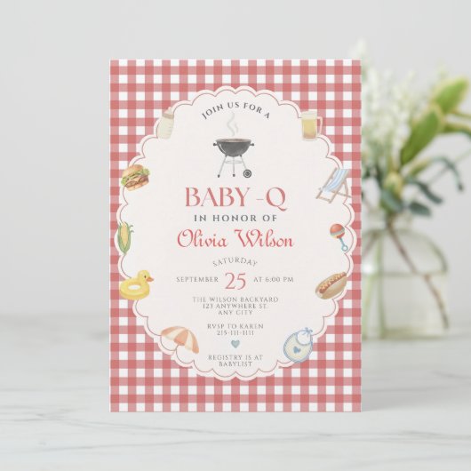 Baby-Q Shower Invitation Editable Template Gingham 招待状 (スタンド正面)