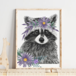 Baby Raccoon Floral Nursery Print | Raccoon Print ポスター