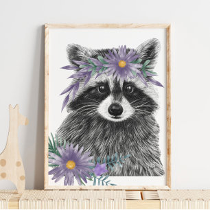 Baby Raccoon Floral Nursery Print Raccoon Print ポスター