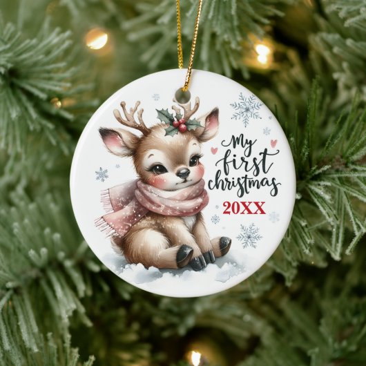 Baby Reindeer First Christmas Keepsake Photo セラミックオーナメント (ツリー)