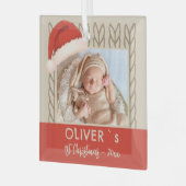 Baby`s 1st Christmas Santa Hat Knitting Photo ガラスオーナメント (正面左)