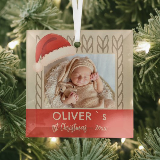 Baby`s 1st Christmas Santa Hat Knitting Photo ガラスオーナメント (インサイチュ)
