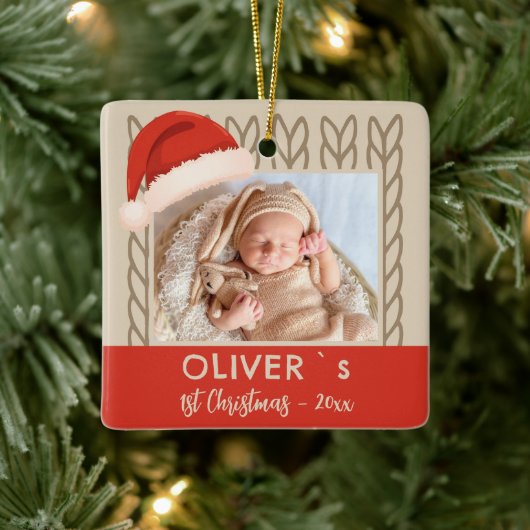 Baby`s 1st Christmas Santa Hat Knitting Photo セラミックオーナメント (ツリー)