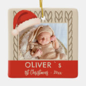 Baby`s 1st Christmas Santa Hat Knitting Photo セラミックオーナメント (正面)