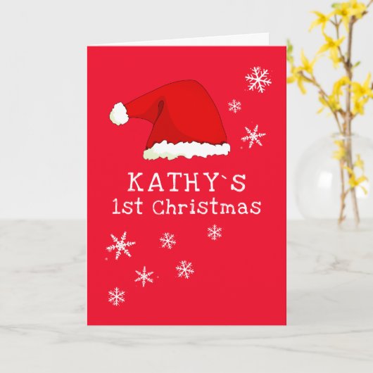 Baby`s 1st Christmas Santa Hat Snowflake Photo カード (黄色い花)