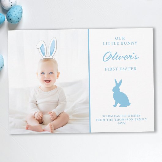 Baby’s 1st Easter Photo Card With Blue Bunny Ears カード