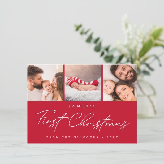Baby’s First Christmas 3 Photo Collage Script RED シーズンカード (スタンド正面)