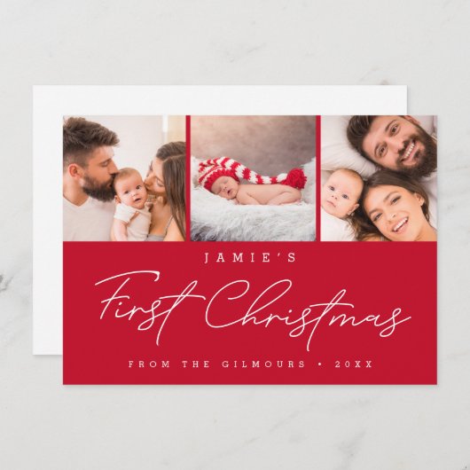 Baby’s First Christmas 3 Photo Collage Script RED シーズンカード (正面/裏面)