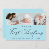 Baby’s First Christmas Blue Photo Collage Modern シーズンカード (正面/裏面)