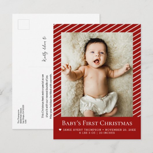 Baby’s First Christmas Custom Photo Birth Stat ポストカード (正面/裏面)