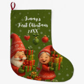 Baby’s First Christmas - Cute Holiday Gnomes ラージクリスマスストッキング (正面)