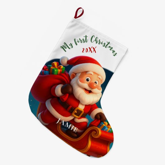 Baby’s First Christmas - Cute Holiday Santa ラージクリスマスストッキング (正面 (吊り時))