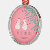 Baby’s First Christmas - cute Snowman Duo on pink メタルオーナメント (左)