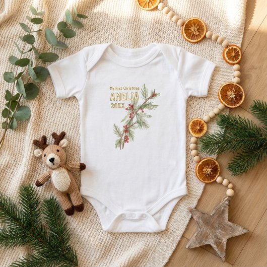 Baby`s First Christmas Holly Winter Foliage ベビーボディスーツ