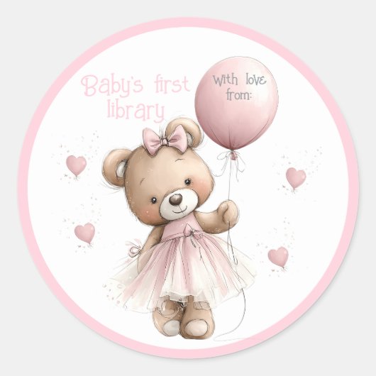 Baby’s First Library Sticker | Pink Teddy Bear ラウンドシール (正面)