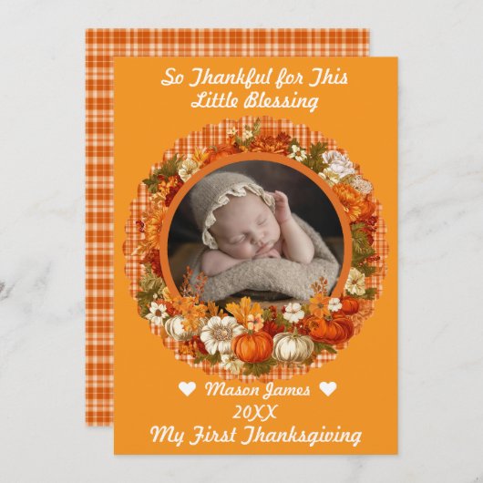 Baby’s First Thanksgiving Fall Floral Photo シーズンカード (正面/裏面)