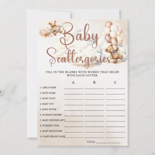 BABY SCATTERGORIES ベビーシャワーゲーム かわいいクマ 招待状 (正面)