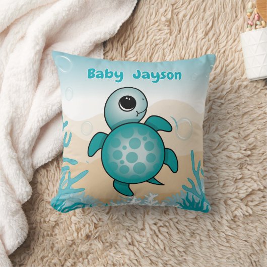 Baby Sea Turtle Birth Stats Throw Pillow クッション (ブランケット)