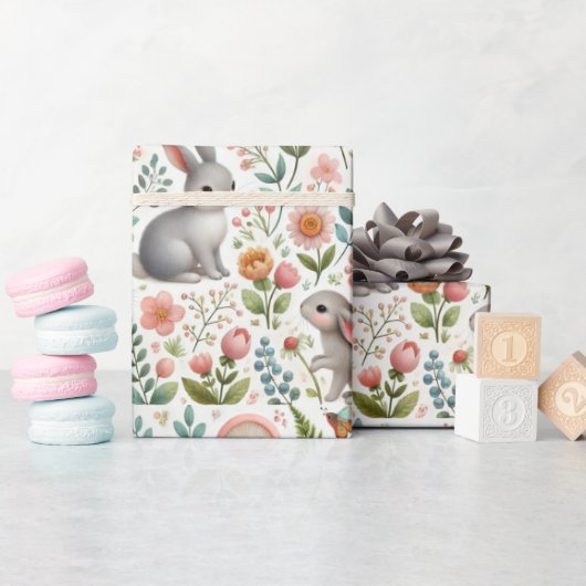 Baby Showerフローラとウサギの水彩色 ラッピングペーパー (ベビーシャワー)