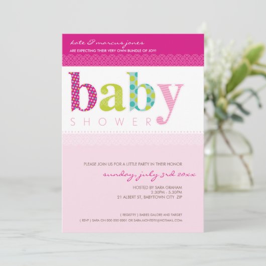 BABY SHOWER招待状::ベビーパターン（の模様が）ある文字3P 招待状 (スタンド正面)