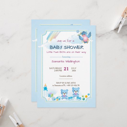 baby shower announcement for TWIN BOYs 招待状 (正面/裏面インサイチュ)