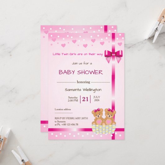 baby shower announcement for TWIN Girls 招待状 (正面/裏面インサイチュ)