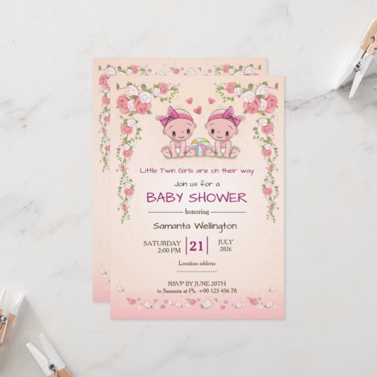 baby shower announcement for TWIN Girls 招待状 (正面/裏面インサイチュ)
