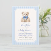 Baby Shower Bearly Wait Teddy Bear & Blue Stripes 招待状 (スタンド正面)