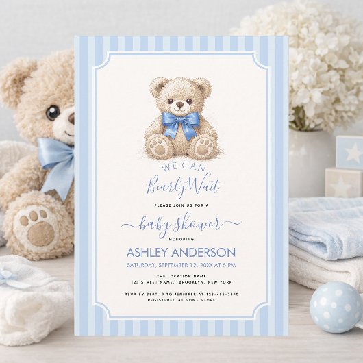 Baby Shower Bearly Wait Teddy Bear & Blue Stripes 招待状