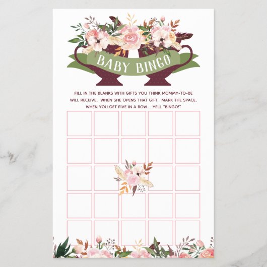 Baby Shower Bingo, Boho Teaパーティー（花） チラシ (正面)