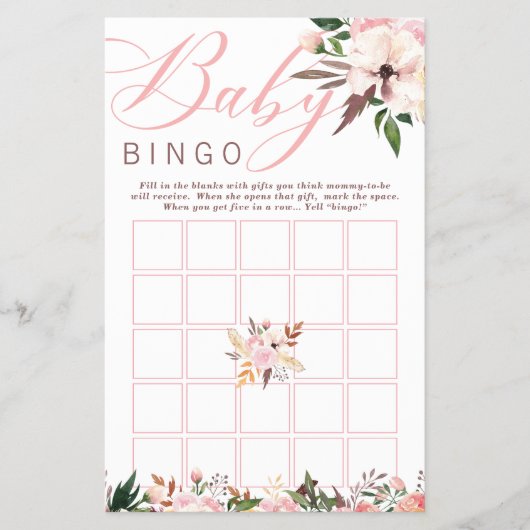 Baby Shower Bingo, Boho with Flowers チラシ (正面)