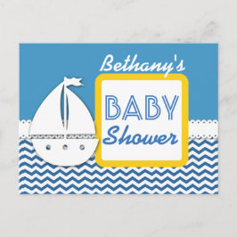 BABY SHOWER Blue Chevolns and Sailboat for Boy A01 案内ポストカード