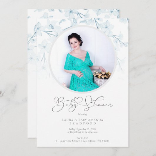 Baby Shower Blue Floral Botanical Photo Invitation (正面/裏面)