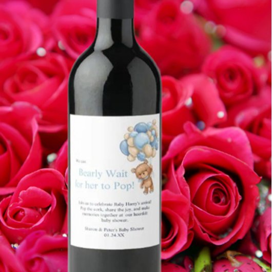 baby shower blue teddy ワインラベル