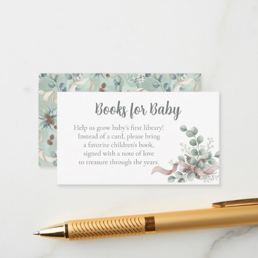 Baby Shower Book Request - Eucalyptus Ribbon エンクロージャーカード (正面/裏面インサイチュ)